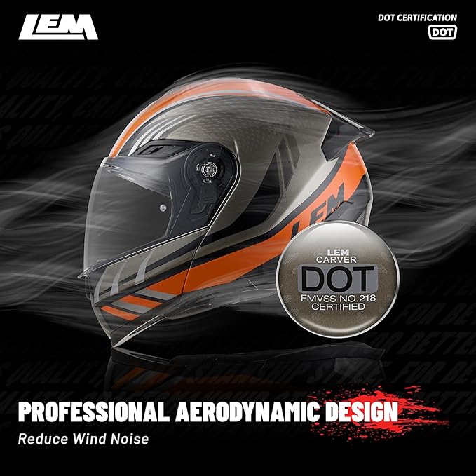 LEM Modular Motorcycle Helmets Fiberglass, Full Face Motorcycle Helmet Flip Up for Touring, DOT Certified, Release Sun Visor & Removable Comfort Liner, Lightweight Street Bike Helmet (Orange, S)