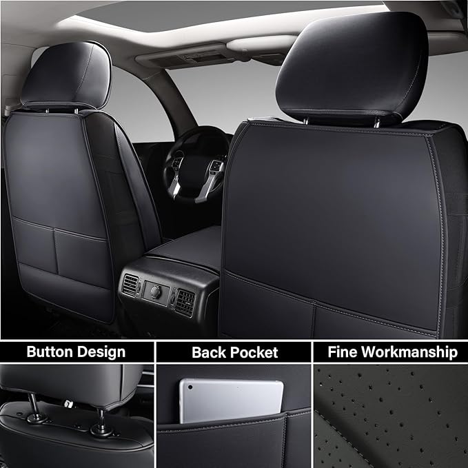 Coverado Toyota Tundra Seat Covers, Leather Car Seat Covers Full Set Automotive Seat Covers Protector Compatible with 2007-2021 Toyota Tundra Crew/Crewmax/Extended/Double Cab(Black)