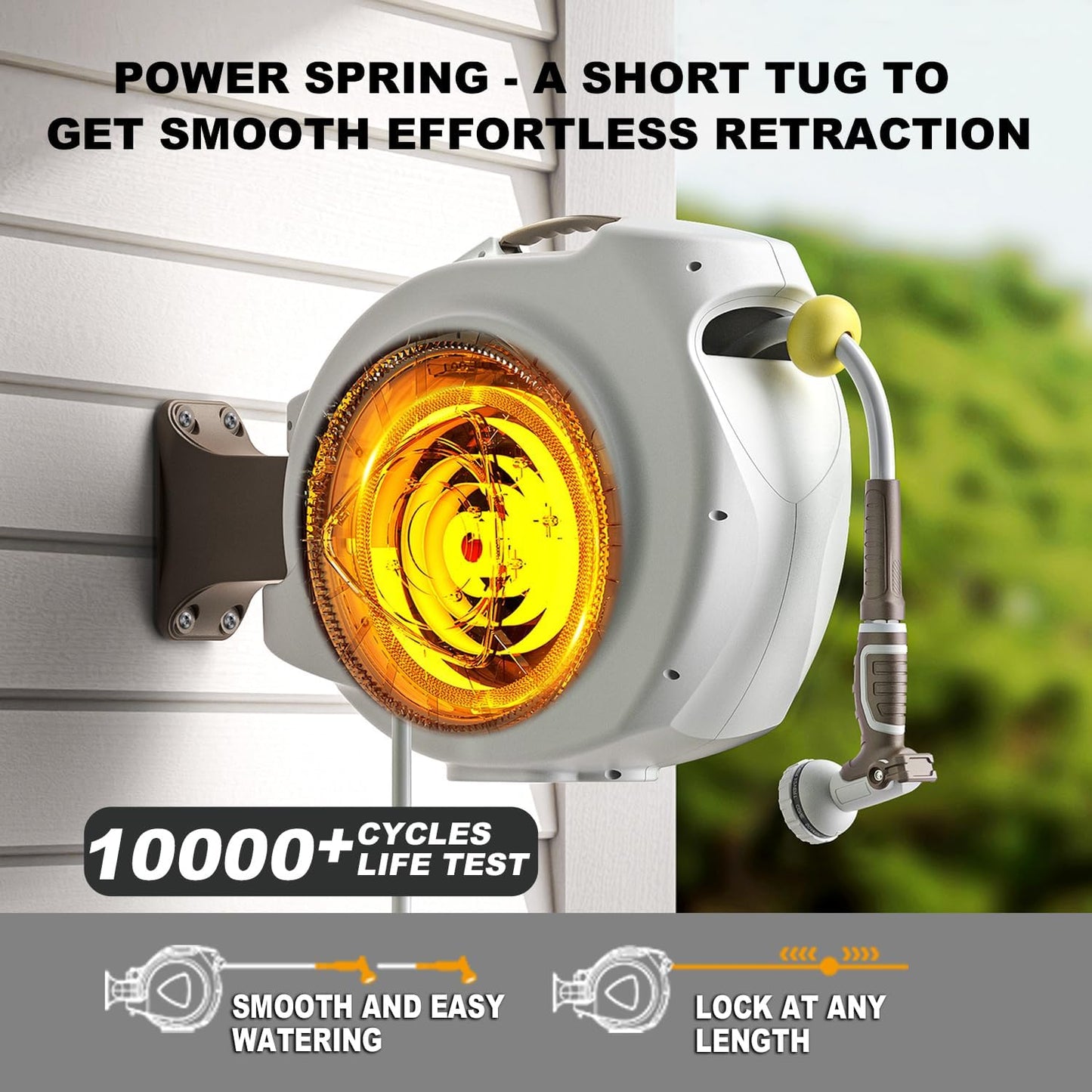 Retractable Garden Hose Reel, 1/2 in 75+6ft, Heavy Duty Wall Mounted Water Hose Reel, Spring power Automatic Rewind, Any Length Lock, 180° Swivel Bracket, 10 Pattern Spray Nozzle