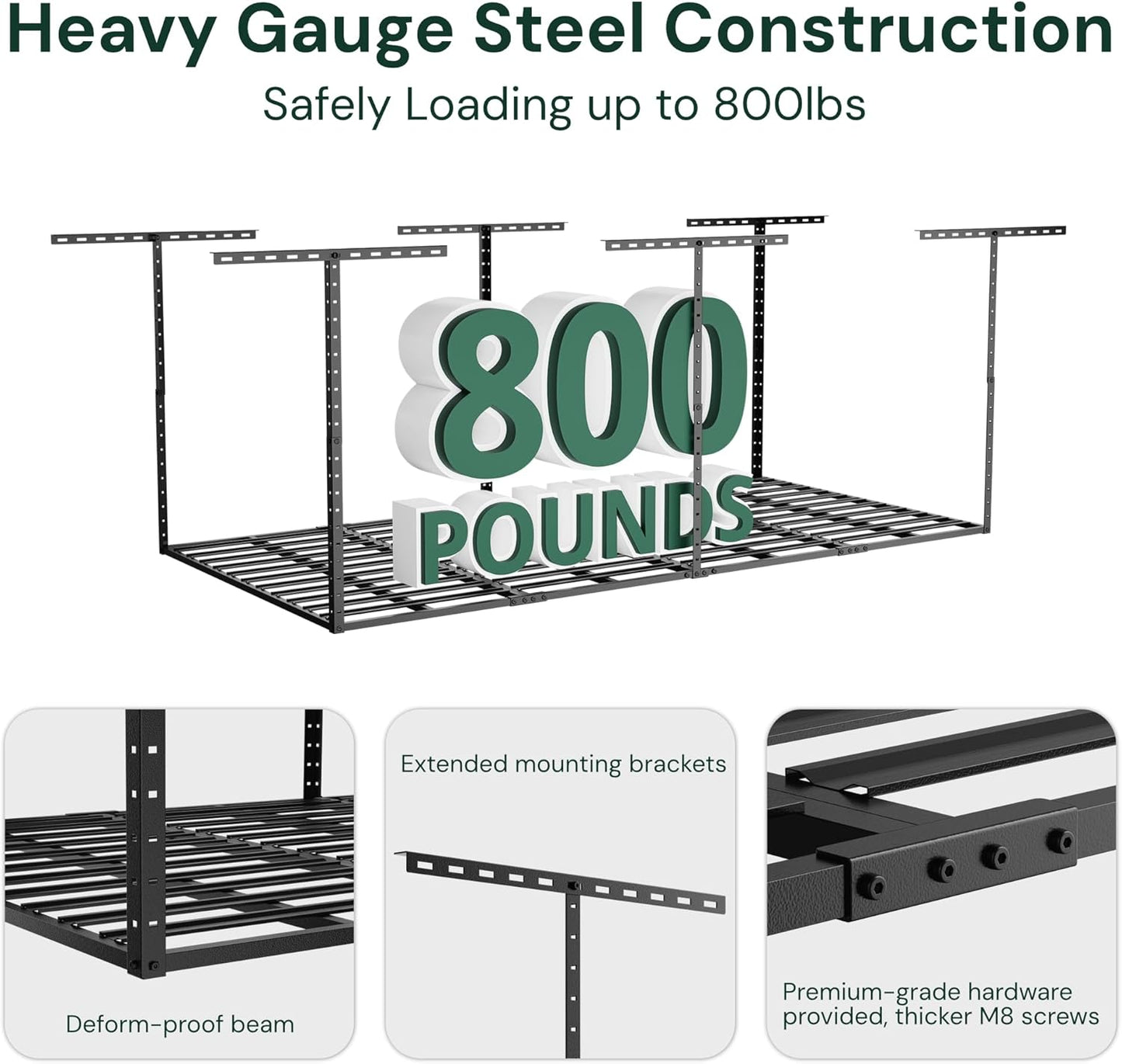 SunsGrove 4x8 Overhead Garage Storage Rack Organization, Adjustable Ceiling Mounted Storage Racks, 800LBS Weight Capacity, 22"-40" Ceiling Dropdown, Black