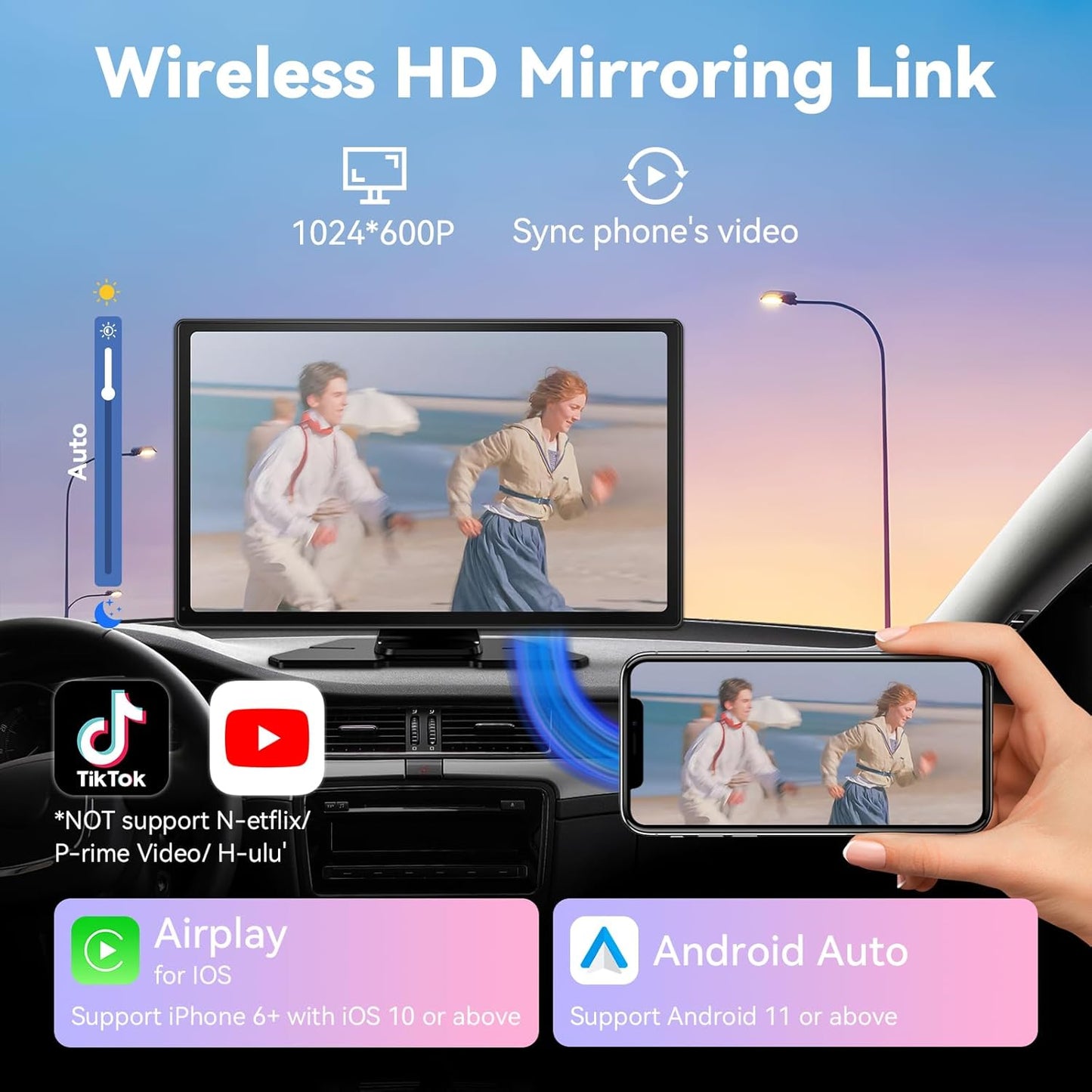 Wireless Carplay Screen for Car, 9" Android Auto Screen with 4K Dashcam, A-pple Carplay Screen for Car with 1080p Backup Camera, Mirror Link, TF Card, GPS Navigation, Bluetooth, AUX, FM, Voice Control