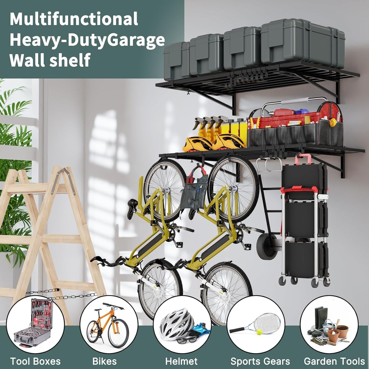 2 Pack Heavy Duty Garage Wall Shelves, 2' x 4' Wall Mount Storage Shelf with Hooks, Wall Organization System, Holds 250 lbs Each