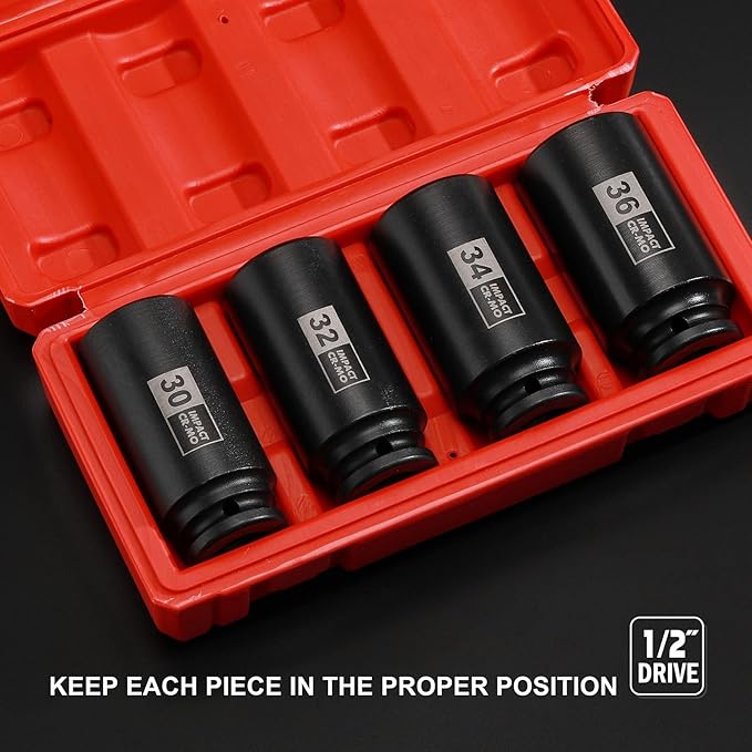 EMENTOL 4PCS 1/2" Drive Deep Impact Socket Set, CR-MO, 12 Point, Metric, Deep Spindle Axle Nut Impact Socket Set-30mm, 32mm, 34mm, 36mm