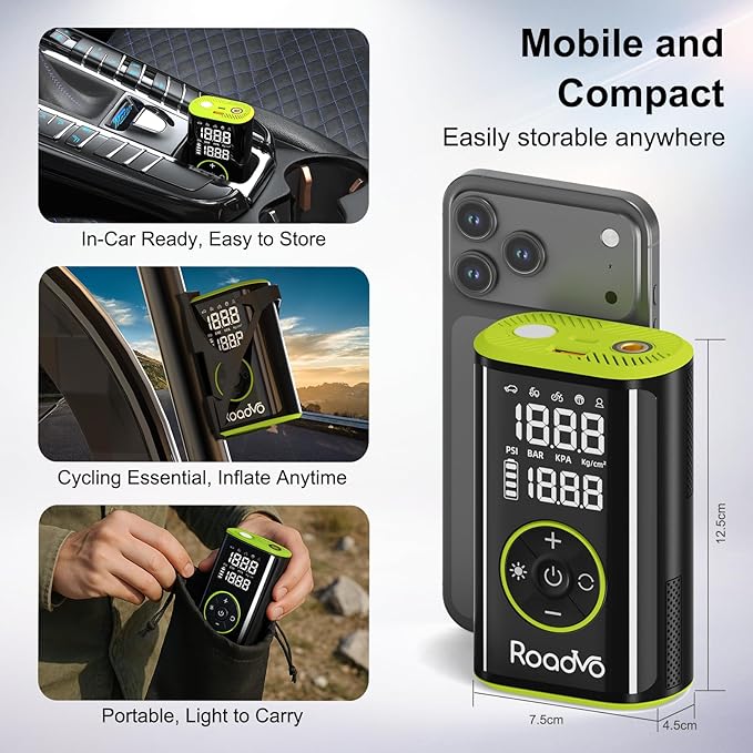 Roadvo Tire Inflator Portable Air Compressor – 150 PSI Cordless Bicycle Pump with Pressure Gauge, Digital Air Pump with 10000mAh Battery for Car, Road Bike, Electric Bike, MTB, Motorcycle, Balls
