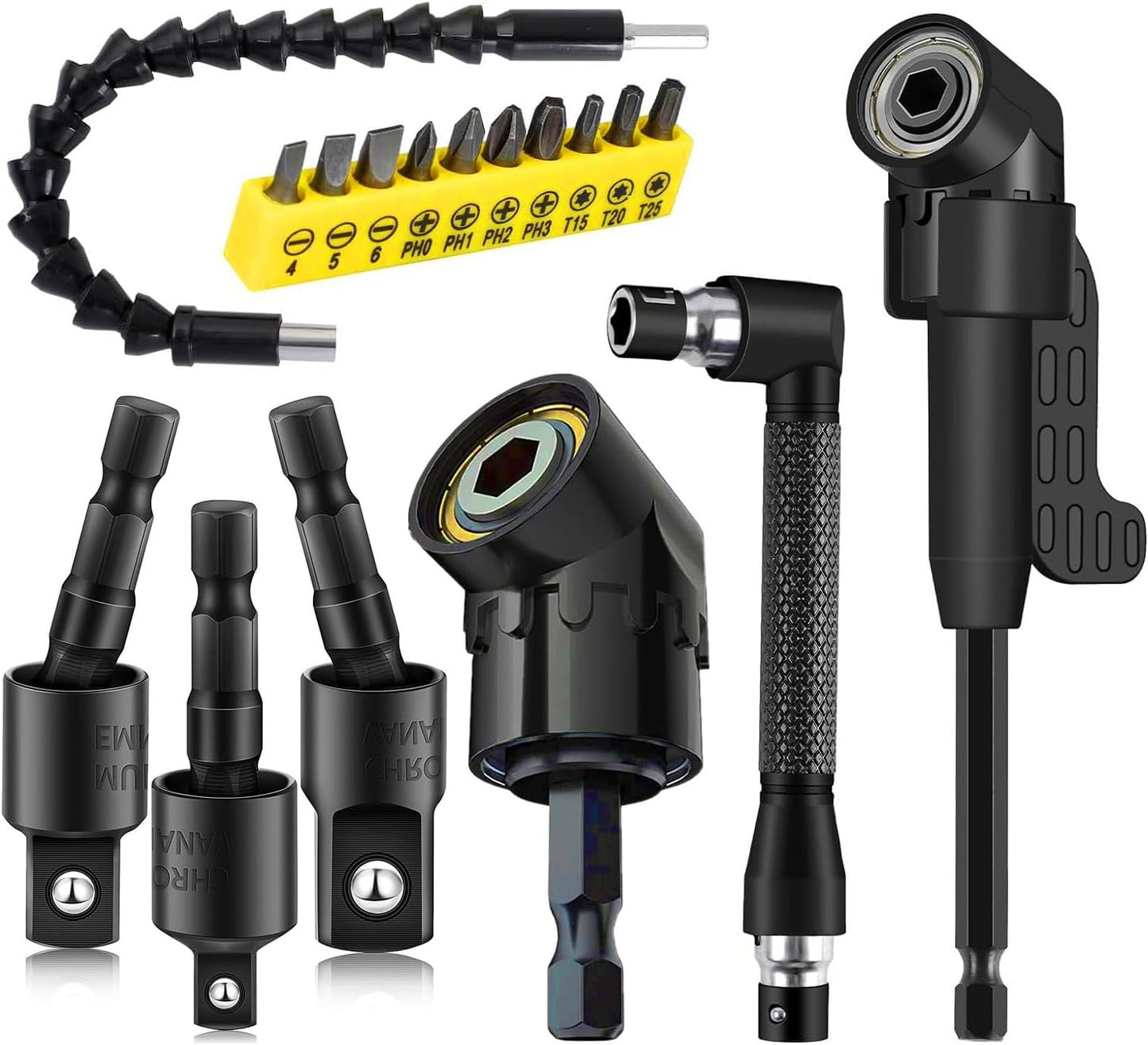 17pcs Flexible Drill Bit Extension, Include 3pcs Rotatable Socket Adapter 2pcs Hex Shank 105° Right Angle Drill Attachment 10 Short Screwdriver Bits Bendable Extension and 90° Angled Bits