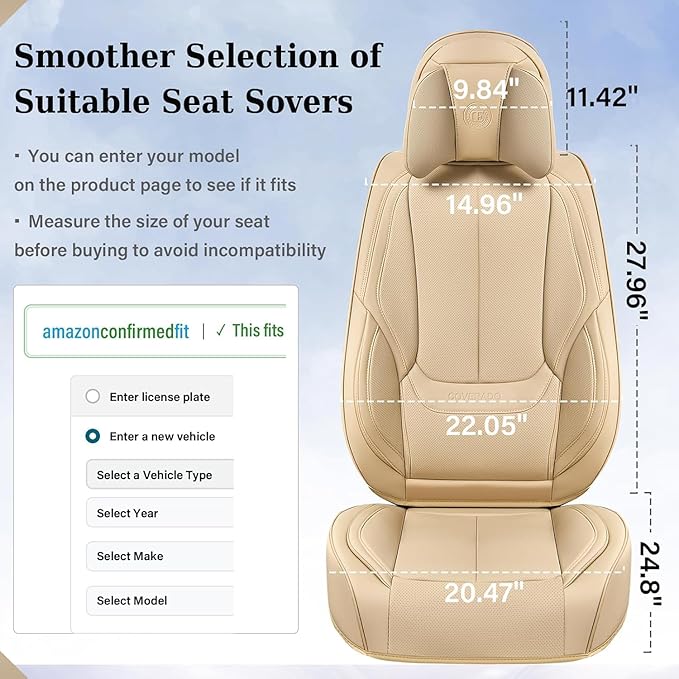 Coverado Universal Seat Covers Front, Universal Seat Covers for Cars, 2-Pack Waterproof Nappa Leather Car Seat Covers with Head Pillow, Auto Protectors Fit for Most Sedans SUV Pick-up Truck-Beige