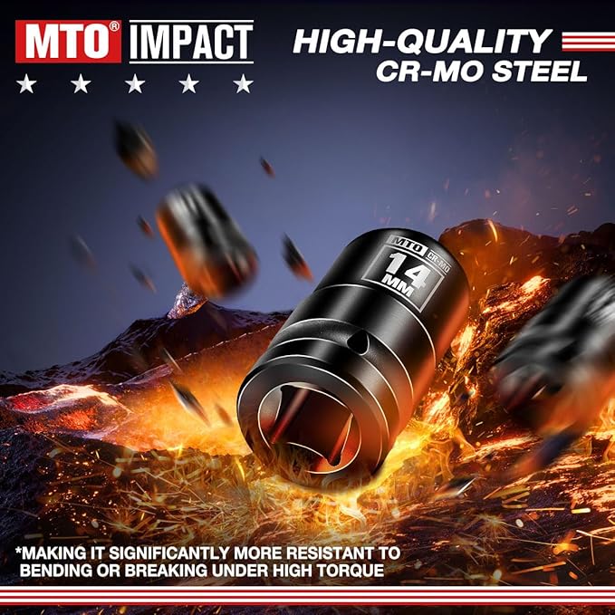 MTO 1/2" Drive 14mm Shallow Impact Socket, 6-Point Metric Socket, CR-MO Steel & Anti-Corrosion Coating for Tight Spaces and Heavy-Duty Tasks