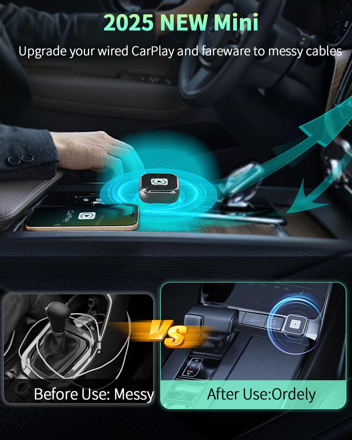 Wireless CarPlay & Android Auto Adapter 1-Inch (2.54cm) - Discreet Plug & Play, Stable 5G Connection for Music/Navigation, Works with iPhone iOS 10+ & Android 11+,for 98% of Cars (2016-2025) (Black)