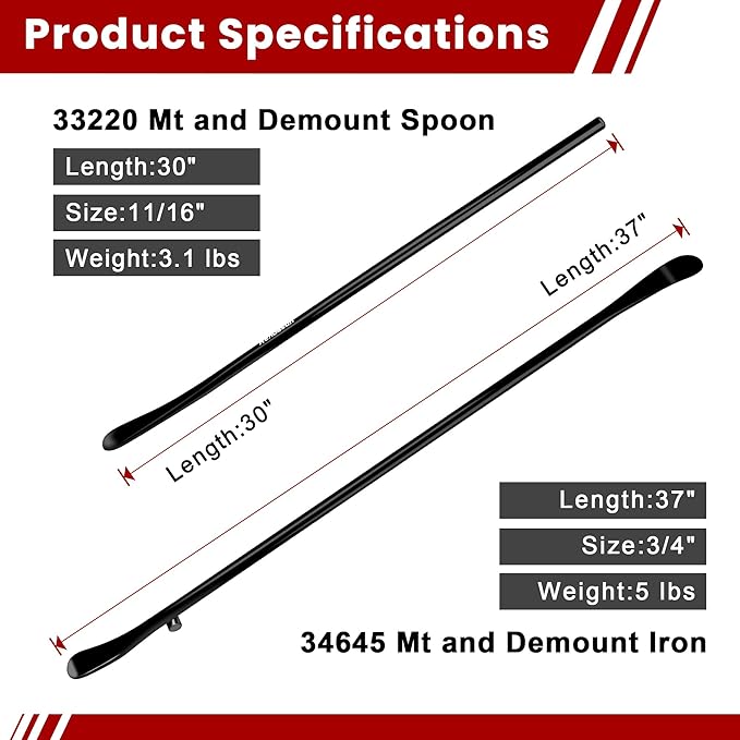 2PCS Tire Bar, 34645 Tire Mount and Demount Iron 37In, 3/4 in | 33220 Mt and Demount Spoon 30 in, 11/16 in, Tire Irons Heavy Duty Used for Off-Road Vehicle, Bus, Cars, Tractor Tubeless Truck Tires…