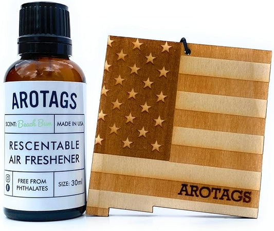 Arotags Car Air Freshener - Reusable Wood Diffuser - Hanging Odor Eliminator - New Mexico Patriot - Beach Bum Scent