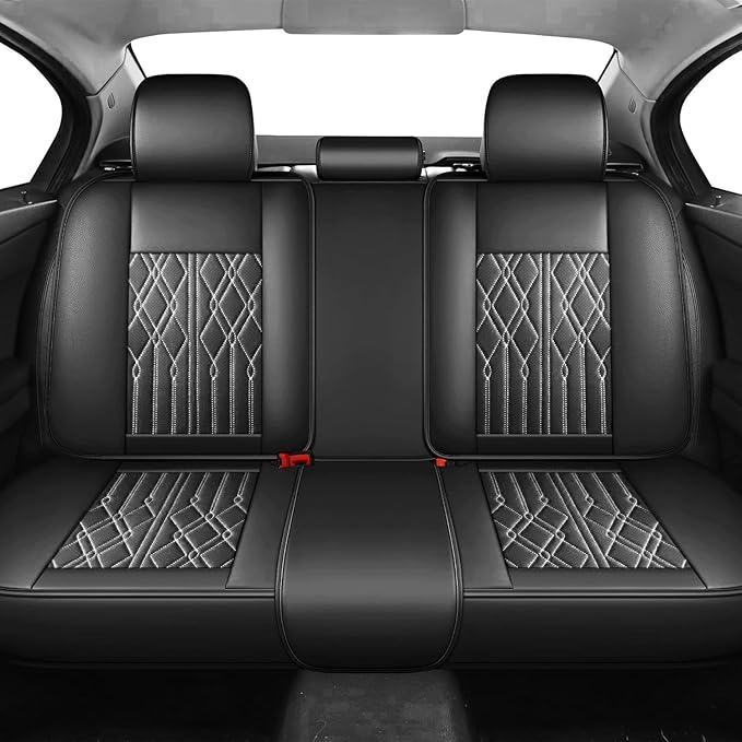Huidasource Rear Seat Covers, Waterproof Faux Leather Rear Split Bench Car Seat Covers, Universal Fit Automotive Back Seat Covers for Most Cars Sedan SUV Pickup Truck (Back Row/Black&White)