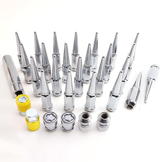 M14 x 1.5mm Wheel Locks, Fit for Chevy Silverado Accord Camry Corolla Altima Rogue, Wheel Locks Set, 4 Locking Lug Nuts 2 Pcs Key with 24Pcs Spike Lug Nuts+1 Key, Chrome