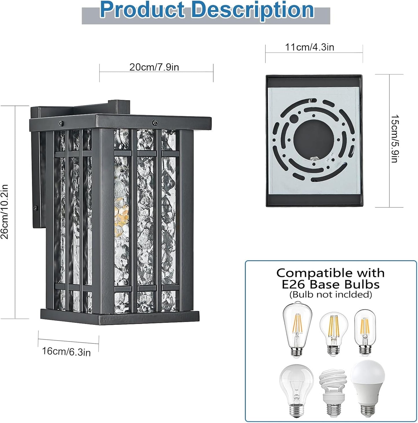 Outdoor Wall Light E26 Base Metal Frame - Black Exterior Waterproof Lanterns with Clear Glass, Porch Wall Mount Lighting for Garage, Patio(Bulb not Included)