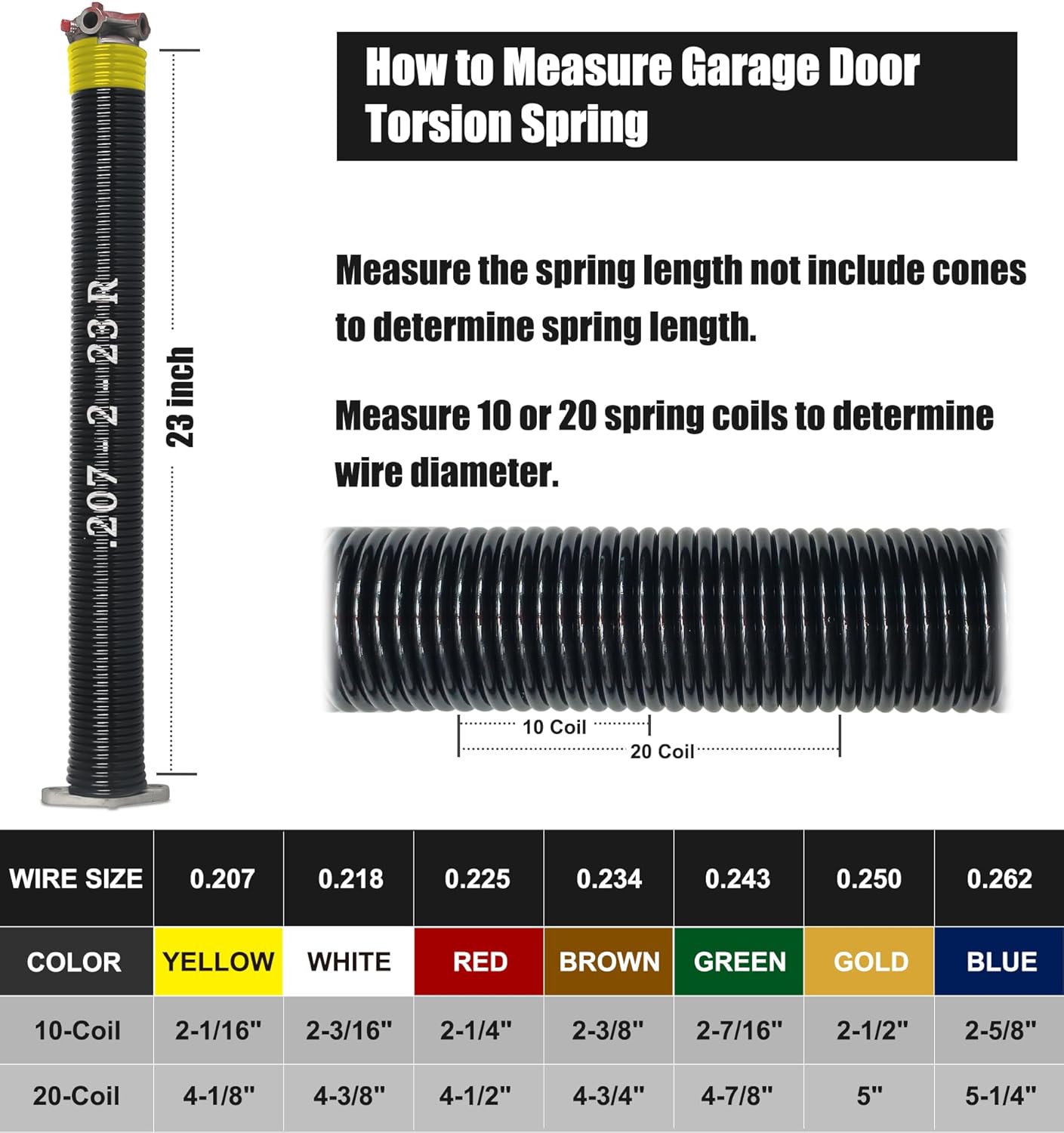 Garage Door Torsion Spring Set, Pair of 2" Electrophoresis Coated Garage Door Springs Replacement with 2 Non-Slip Winding Bars and Bearing, Minimum 16000 Cycles (.207x2x23")