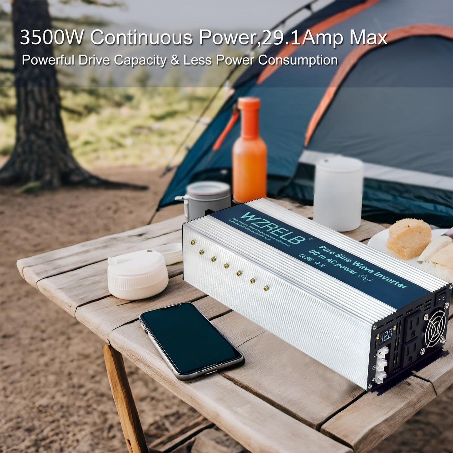 WZRELB 3500W Pure Sine Wave Inverter, Car Power Inverter 12V DC to 110V 120V AC Converter for RV, Truck, Solar, Outdoor with Dual AC Outlets, Hardwire Port, Surge 7000W, LED Display,Off-Grid