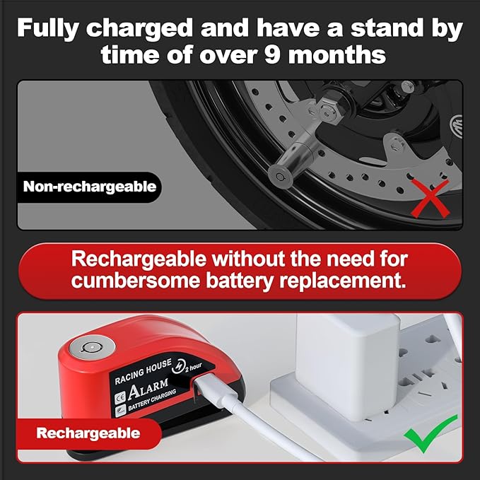 Motorcycle Alarm Disc Brake Lock With Reminder Cable - Rechargeable, 110 dB Sound, Anti-Theft Waterproof, 2 H Fast-Charging, 9 Months Standby, 7 mm Pin Universal for Bikes