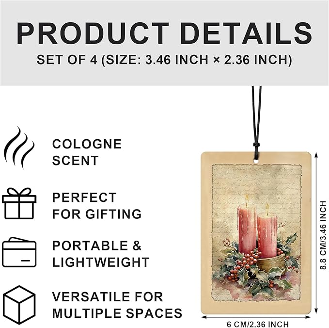 Pink Christmas Car Air Freshener 4 Pcs, Vintage Winter Pink Xmas Candle Tree Bell Santa Claus Hanging Air Freshener for Cars Closet Drawer Books, Girly Christmas Car Accessories for Women