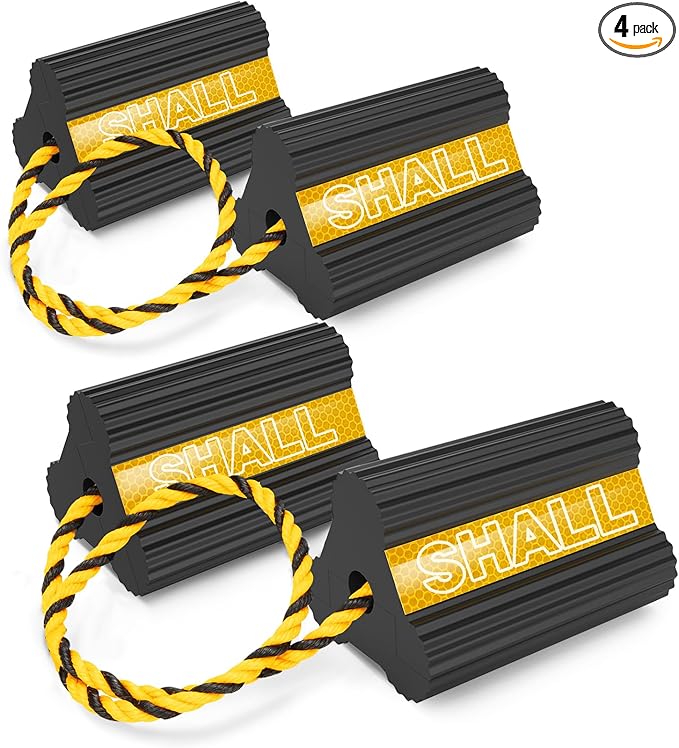 SHALL Wheel Chocks, Heavy Duty Rubber Wheel Chocks with 3 Reflective Strips, Solid Block Stopper for RV Trailer Camper Truck Car Aircraft, 2 Pair/4 Pack with Rope, Yellow