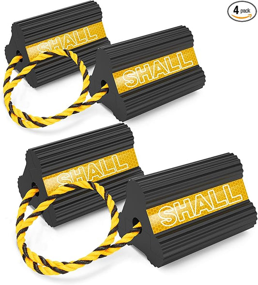 SHALL Wheel Chocks, Heavy Duty Rubber Wheel Chocks with 3 Reflective Strips, Solid Block Stopper for RV Trailer Camper Truck Car Aircraft, 2 Pair/4 Pack with Rope, Yellow