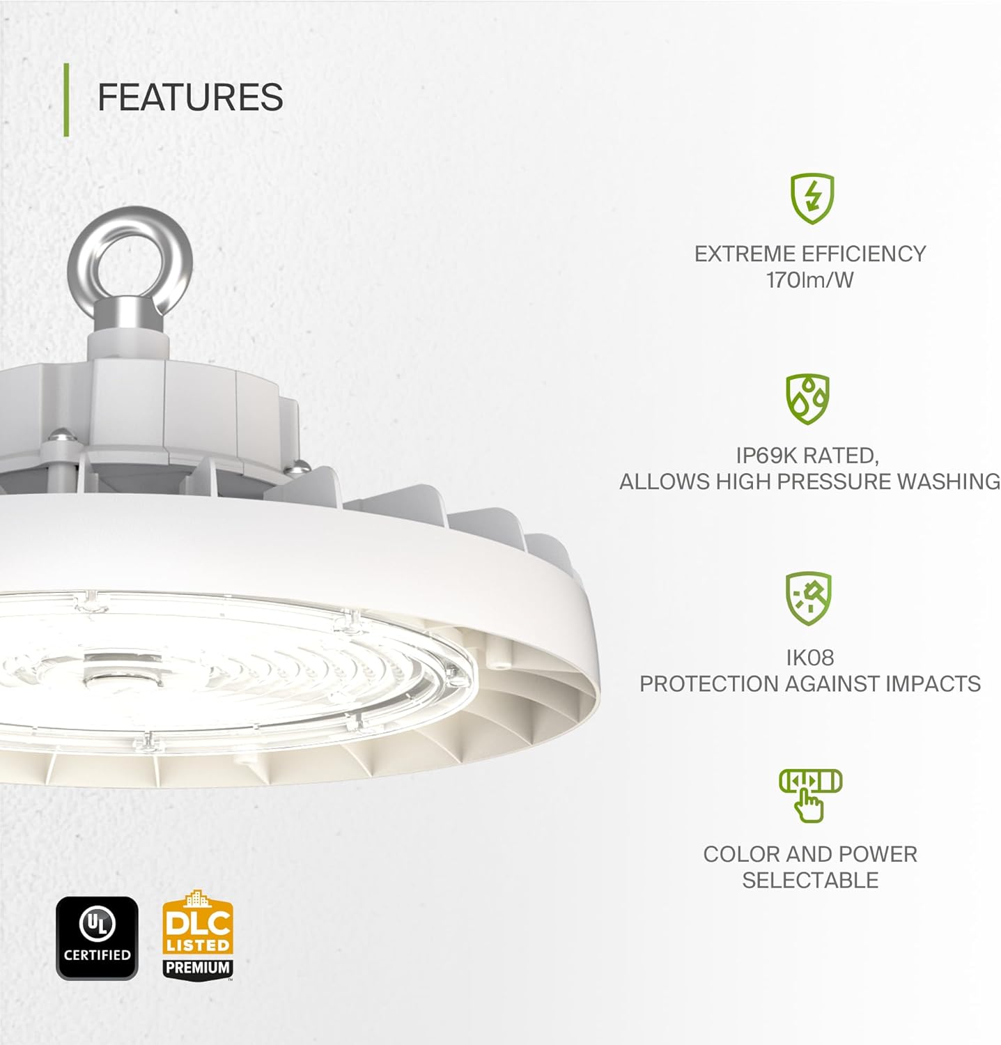 ASD LED High Bay UFO Light Fixture, Commercial Shop Lighting | 3CCT, Dimmable, IP69K Waterproof, DLC Premium, UL Listed | 150W 23600LM 3000-5000K 100-277V | Warehouse, Garage, Workshop Lamp | White