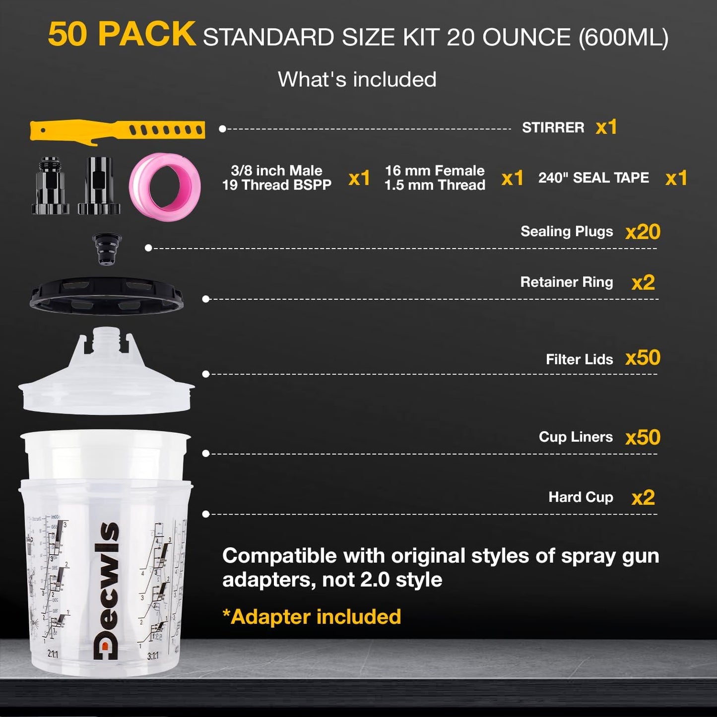 Disposable Paint Cup System 20 Ounce (600ml) Kit - 50 Pack Paint Cups with Lids, 2 Hard Cup with Retainer Ring, 20 Plugs, 2 Cup Adapter, PTFE Tape, Paint Stirrer for Automotive Paint Gun