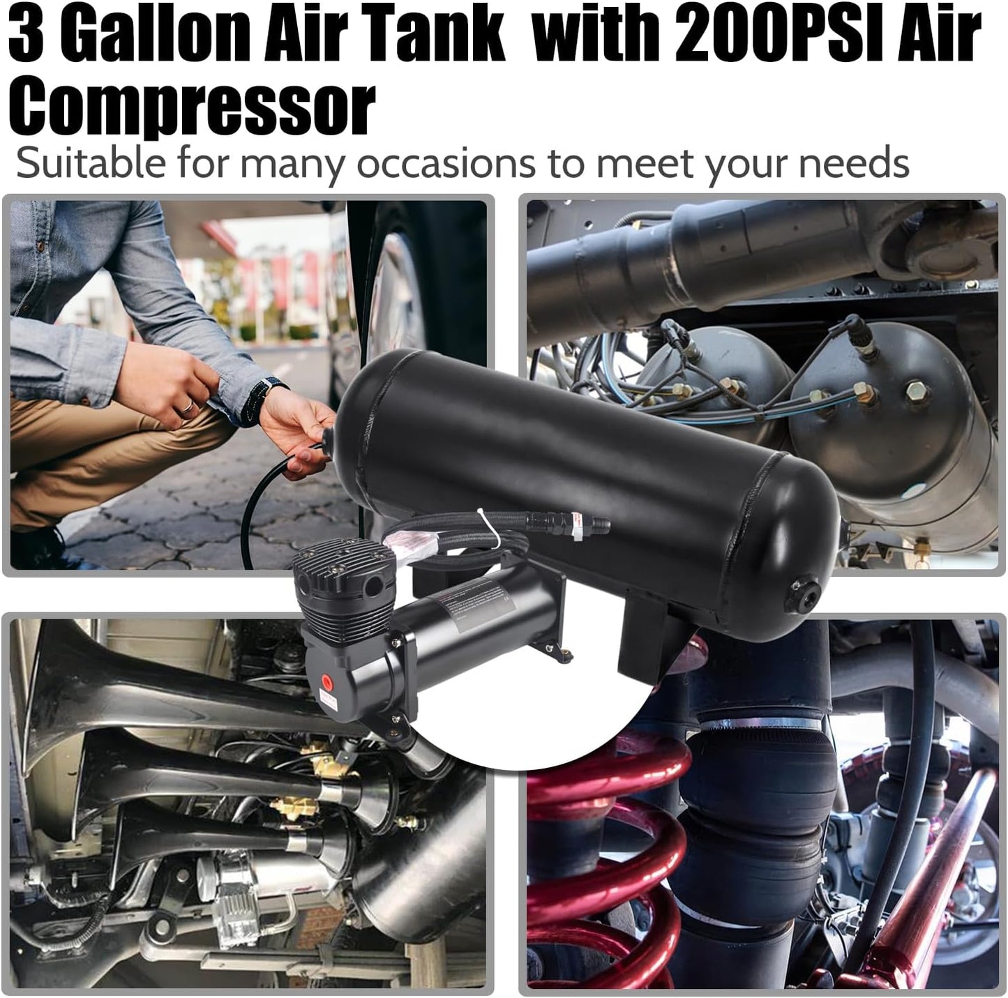 3 Gallon Air Tank with 200PSI Air Compressor for Suspension/Air Ride/Bag/Car Train Truck Horn Aluminum 12 Liter Compressed air Storage Tank Onboard System Air Suspension Compressor Kit
