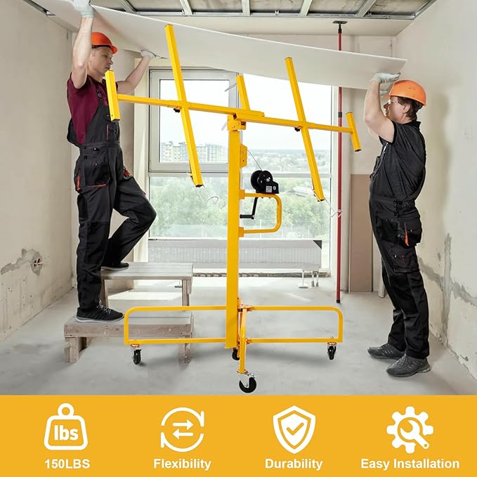 16FT Drywall Lift Sheetrock Lift, 150LBS Drywall Lift Panel Hoist with 4 Lockable Wheels for Ceiling, Drywall Rolling Lifter Panel, Drywall Jack Lift for Home & Commercial Use, Yellow