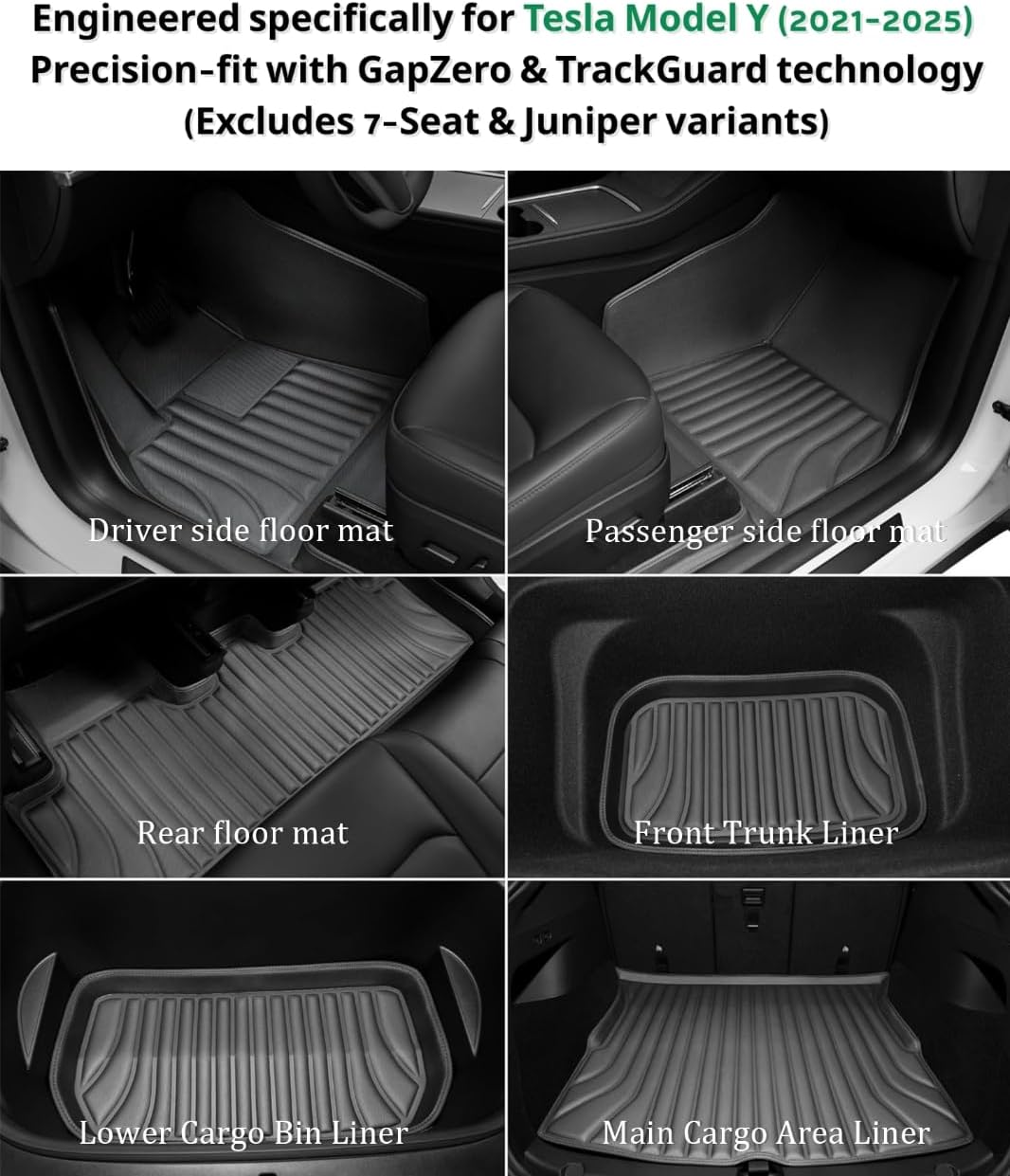 Floor Mats for Tesla Model Y（2021-2025） Custom Fit All Weather Cargo Liner Cargo Trunk，Full 360° Cabin Protection，GapZero Fit with TrackGuard Rail Protection (Does NOT fit 7-Seat & Juniper)