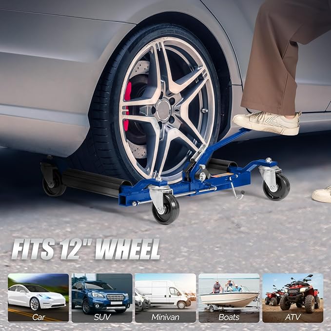 TUFFIOM Car Wheel Dolly Jack Set of 2, Mechanical 1500-lbs Car Skates, 12'' Wheel Vehicle Positioning Jack, Heavy Duty Rollers with Ratcheting Foot Pedal for Tire Auto Repair Moving, Blue