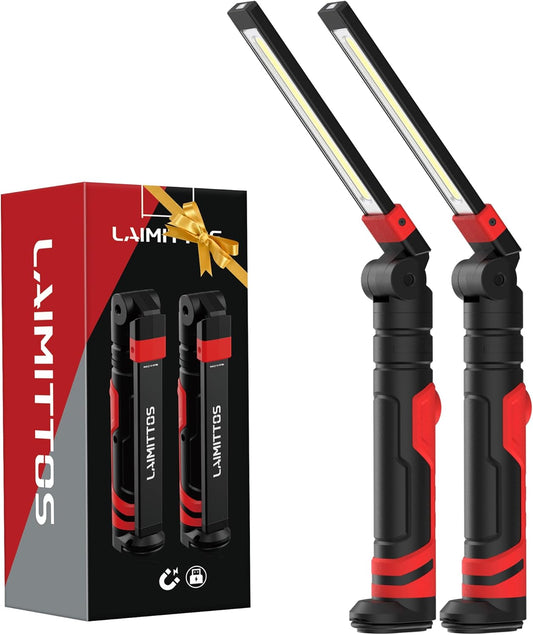 Rechargeable Work Light 2500mAh Magnetic LED Work Light Flashlight Mechanic Light Tool Gifts for Men Him, Foldable Lamp with Hook for Car Repair Emergency BBQ Grill (2 Pack)