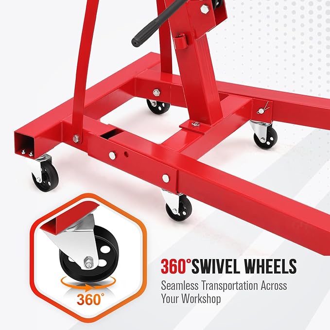 2 Ton Hydraulic Engine Hoist with Lever Stabilizer , Cherry Picker Engine Hoist, 4400LBS Heavy Duty Garage Crane with 6 Swivel Casters & Adjustable Telescopic Boom, for Auto Repair & Workshop (Red)