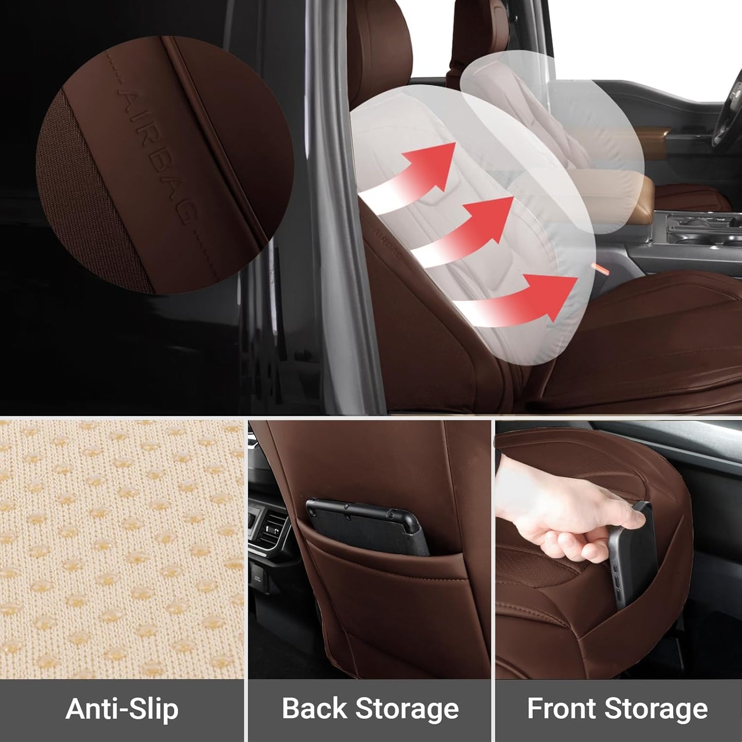 Coverland Custom Car Seat Covers Compatible with F150, Ram 1500 2500 3500, Tundra - Premium Leather Non-Slip Memory Foam Waterproof Interior Protector Front Seat-Dark Brown [See Size Chart-Size A25]