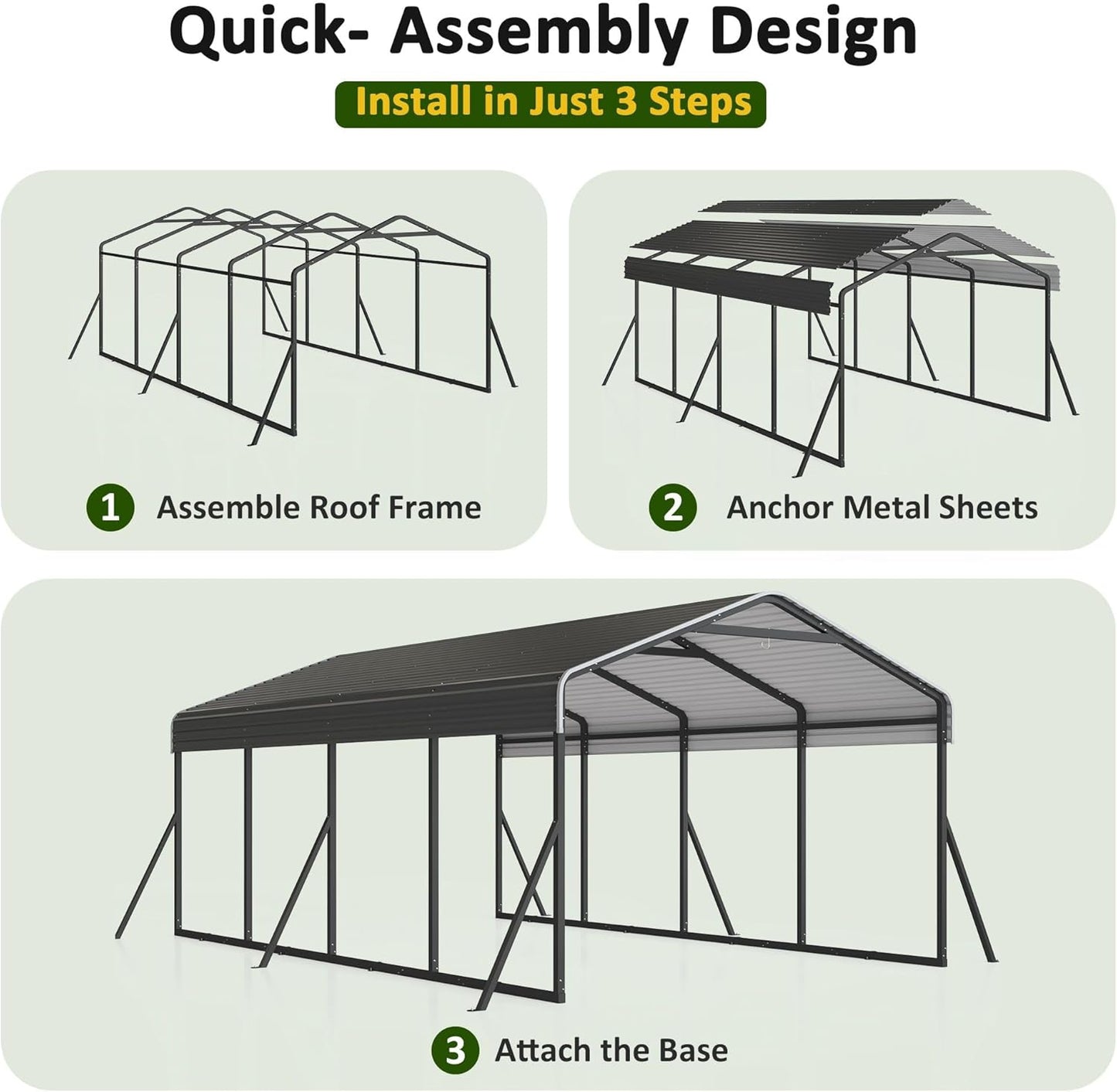 Carport 12x20 FT Heavy Duty Carports Canopy with Updated Frame Structure Galvanized Steel Roof and Enhanced Base, Metal Carport Garage for Pickup, Boat, Car and Tractors
