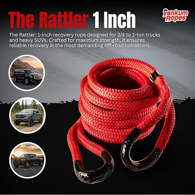 Yankum Kinetic Recovery Rope - Heavy Duty 1" x 20' Tow Rope, Off-Road & Vehicle Recovery, Kinetic Energy Ropes for 4x4, Jeep, and Trucks, Made in USA – Rattler Series