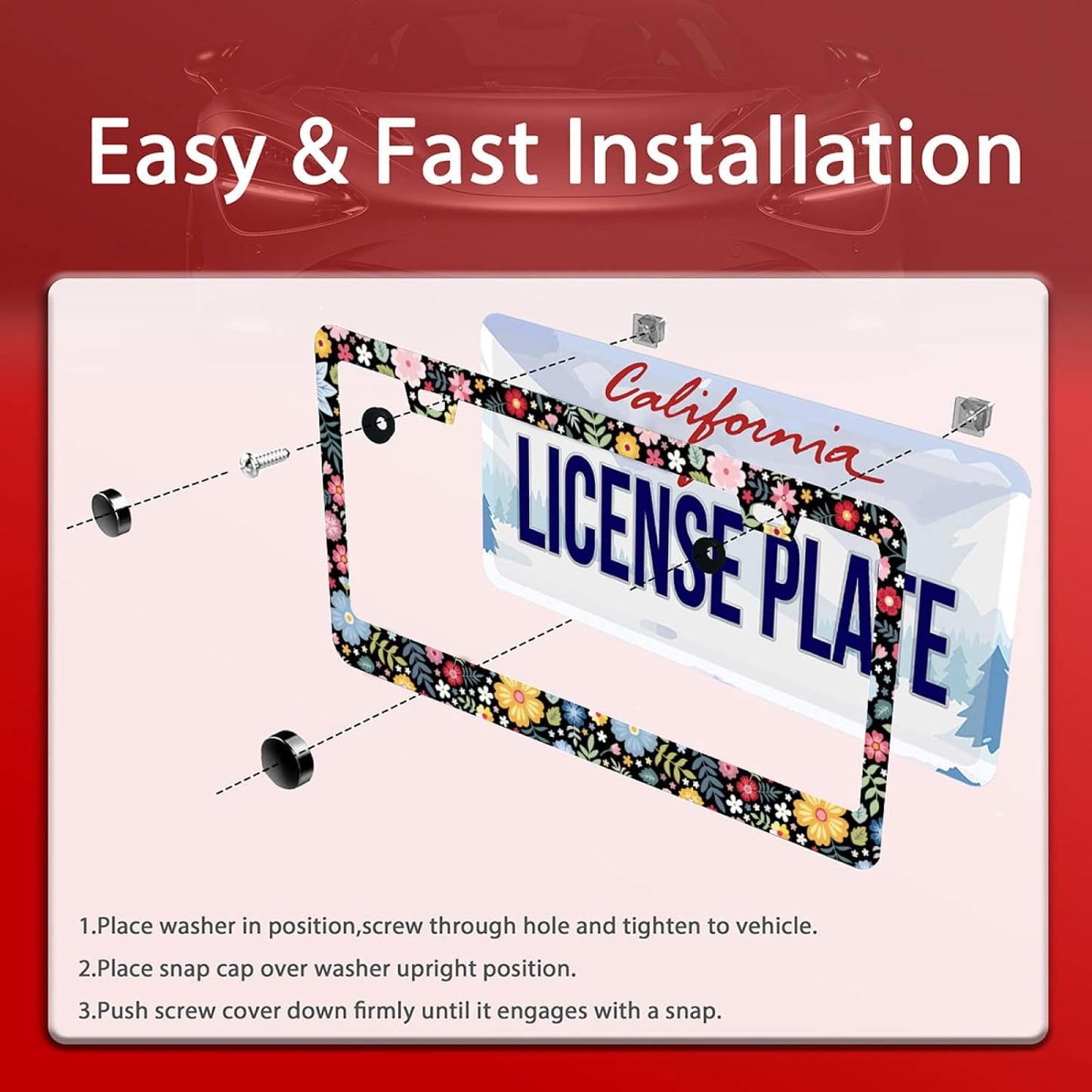 Personalise Colorful Floral Flowers License Plate Frame License Plate Frames Car Universal Stainless Steel Accessories Cars Decor with 2 Holes and Screws Fits Standard US Vehicles Size 12.2 x 6 Inches