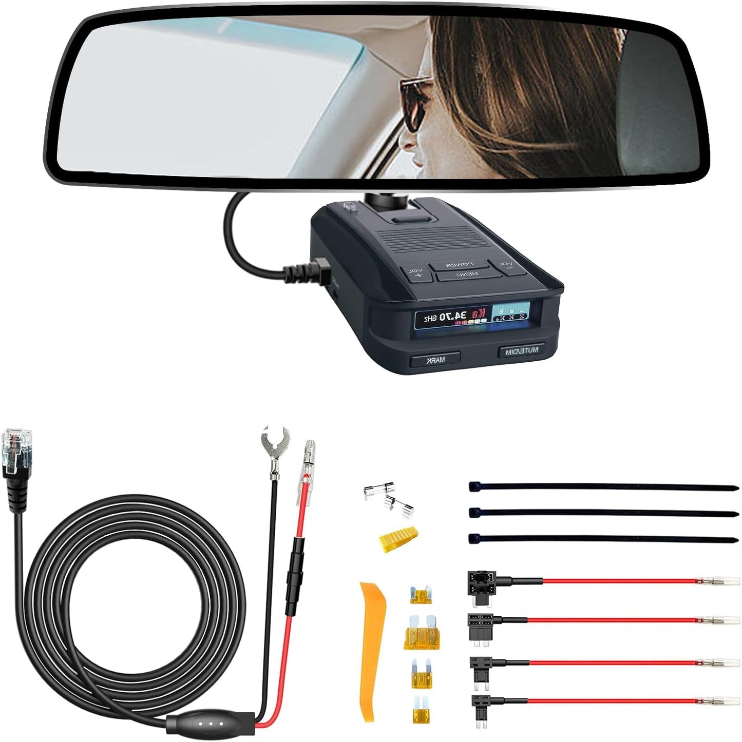 Radar Detector Rearview Mirror Rod Mounting Bracket and Radar Direct Power Cord Hardwired Kit and Fuse Tap(for Uniden Radar Models)