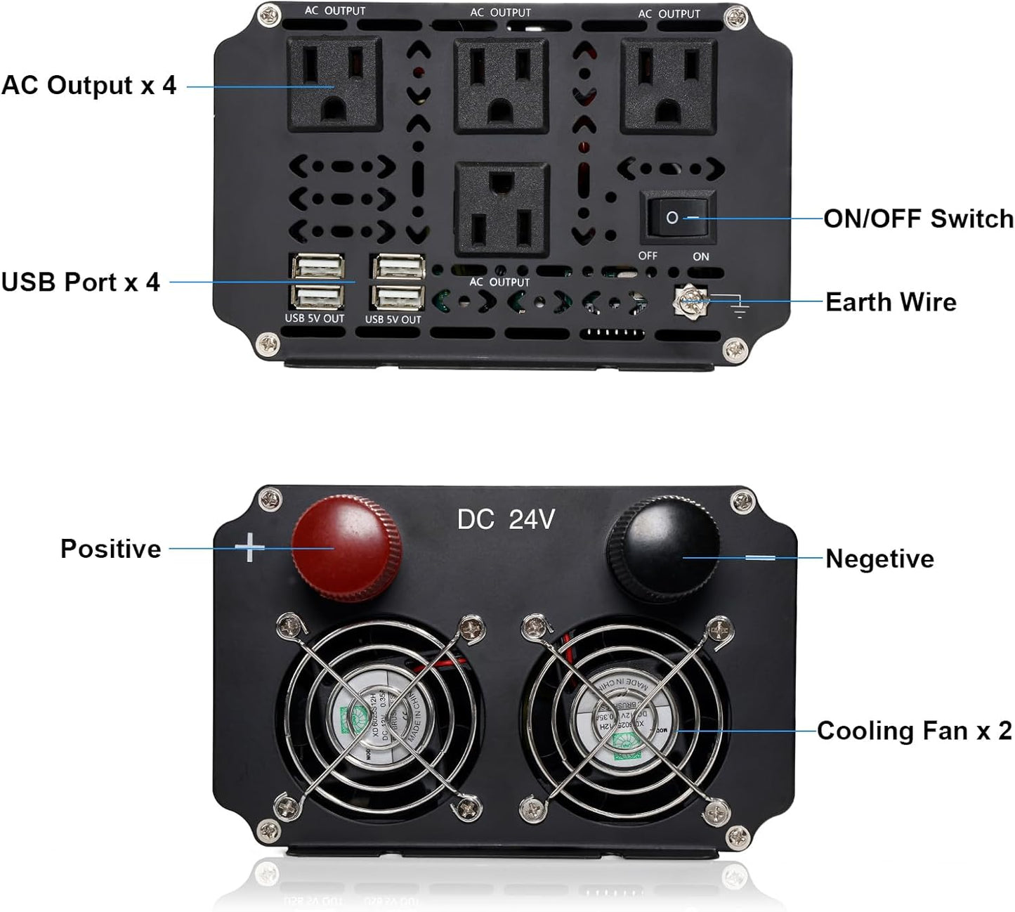 3000W Power Inverter 24V to 110V/120V DC to AC with LCD Display, Remote Controller and 4 x AC Outlets Car Adapter for Car Truck Boat RV Off Grid Solar System