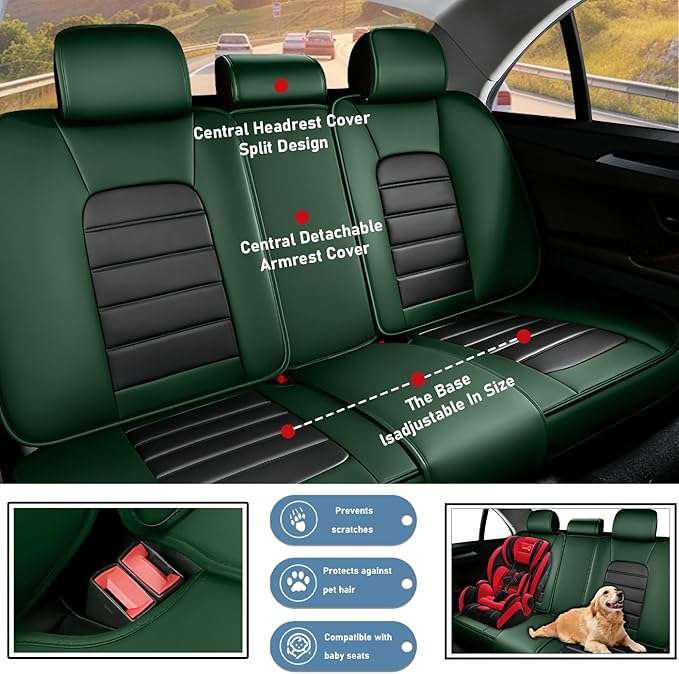 Car Seat Covers Fit for Toyota Highlander 2000-2025 | 7 Seat Car Seat Cover | No-Slip Waterproof Breathable Faux Leather Automotive Seat Covers Auto Interior Covers Black Green,Full Set with Pillow