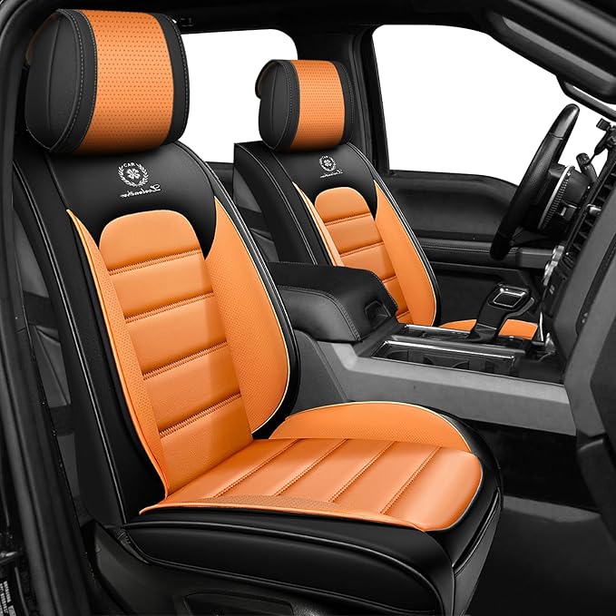 Full Set Car Seat Covers for GMC Sierra 1500/2500/3500 Denali SLT AT4 AT4X Base Seat Covers 2008-2025, Waterproof Premium Nappa Leather Seat Protectors(Standard 5 Seats/Black&Orange)