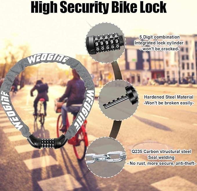 Bike Lock with Numbers and high Security Level, Bike Chain Lock, Bicycle Locks, 5 Digit Combination Lock for Bike, Bicycle, Scooter, Motorcycle, Door, Gate, Fence