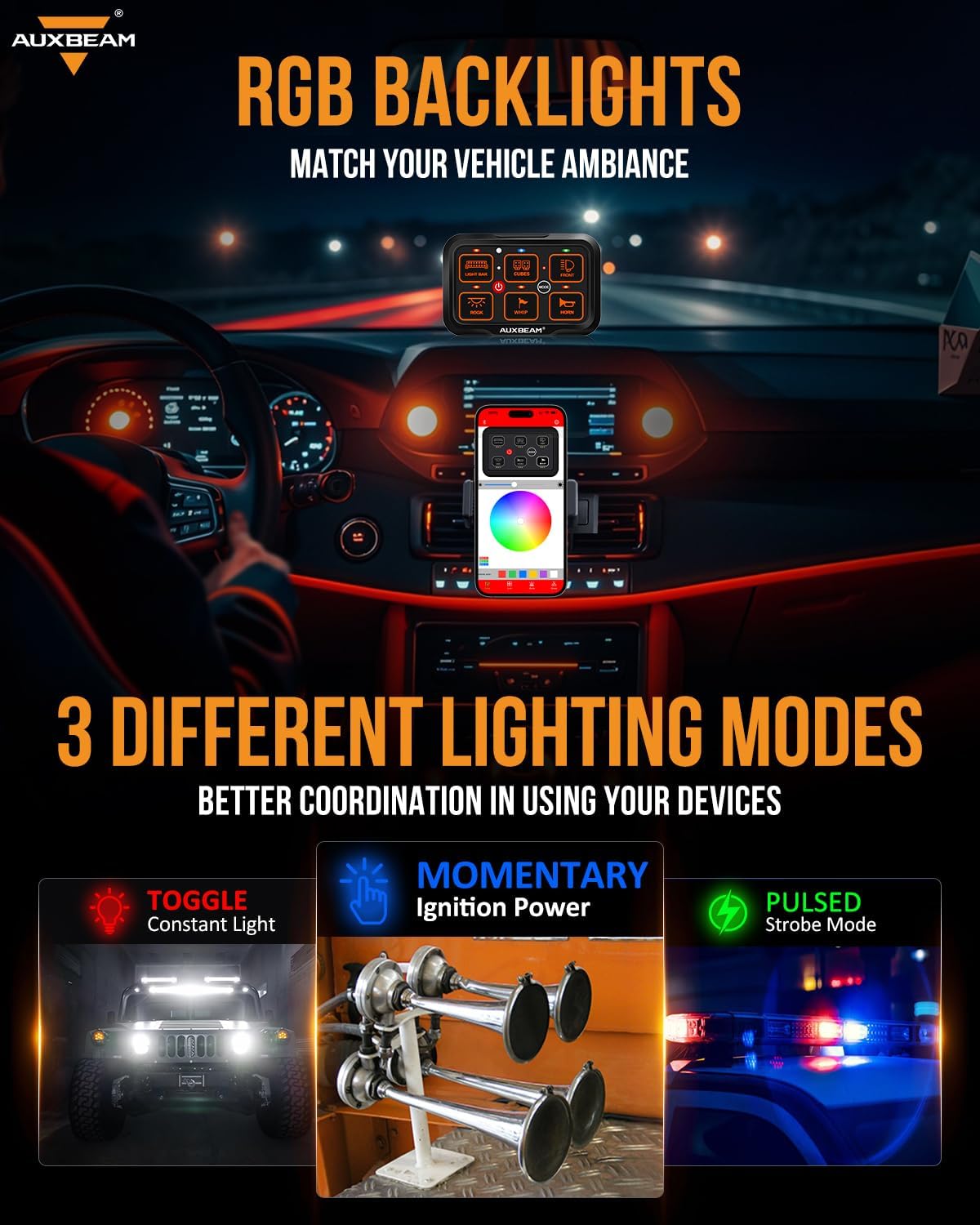 Auxbeam 6 Gang Switch Panel Bluetooth RGB AR-600 with Toggle Momentary Pulsed Modes Multifunctional Switch pod with Manual and Automatic Backlit Control Boat Switch Panel for Truck Car ATV Waterproof