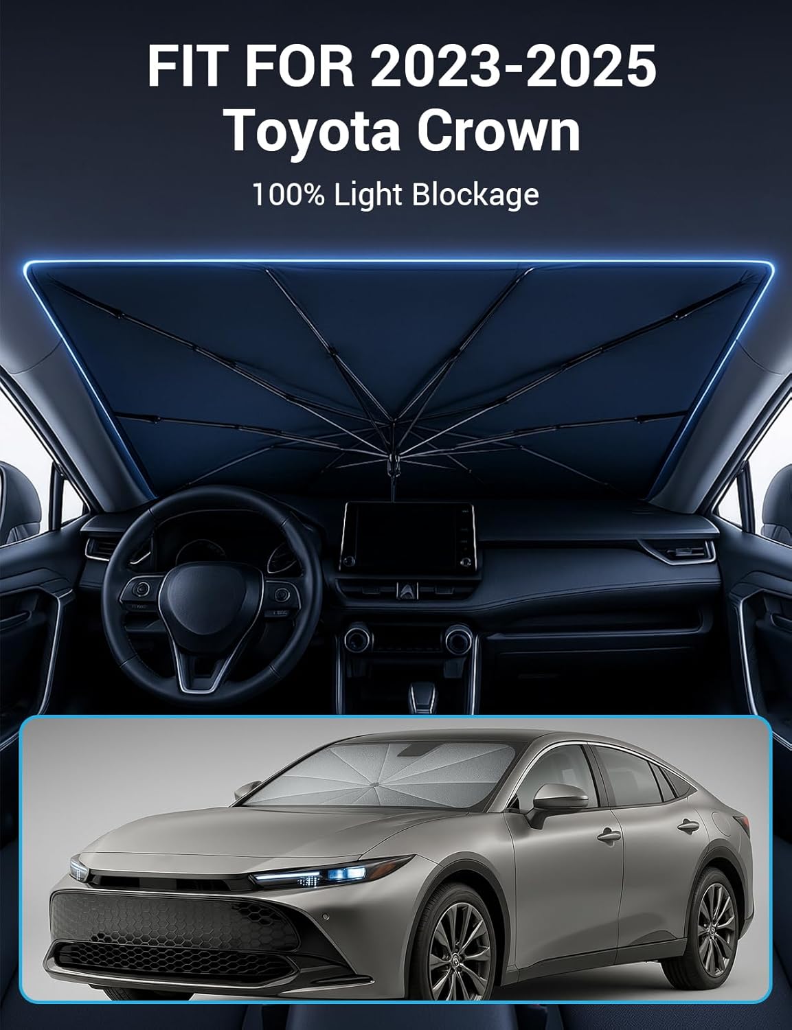 Proadsy Windshield Sun Shade Umbrella for Toyota Crown 2023-2025 2026 Foldable Car Umbrella Sunshade with Soft TPU Handle Spring Structure Crystal Cooling Material Protect Car from Rays & Heat
