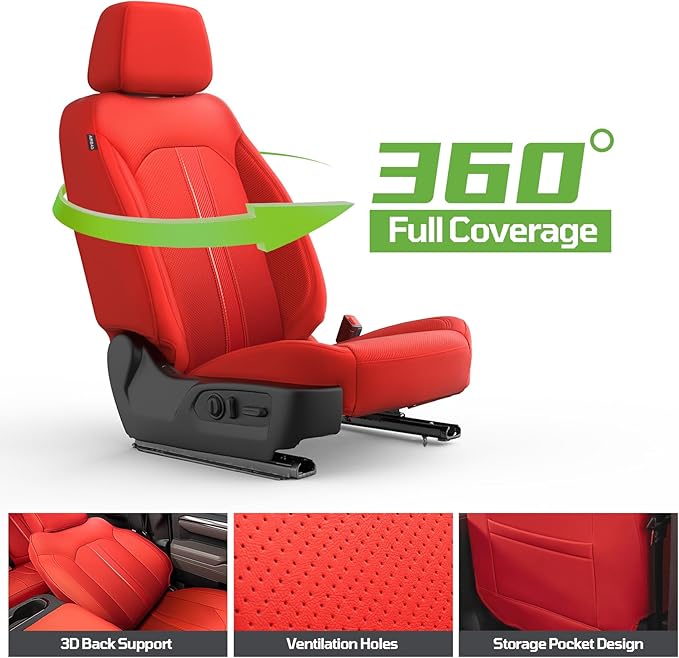 Seat Covers Fit for Chevy Silverado 1500 & GMC Sierra 1500 Crew Cab(2019-2025),Faux Leather Automotive Seat Covers,Custom Pickup Car Seat Covers Full Set,Red(with Rear Cup Holder/Seat Back Storage)