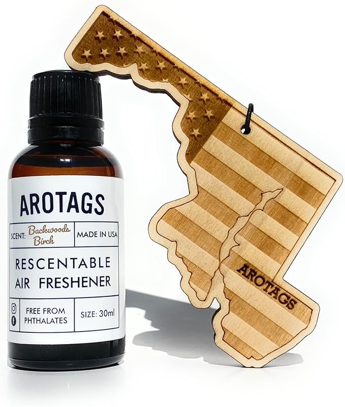 Arotags Car Air Freshener - Reusable Wood Diffuser - Hanging Odor Eliminator - Maryland Patriot - Backwoods Birch Scent