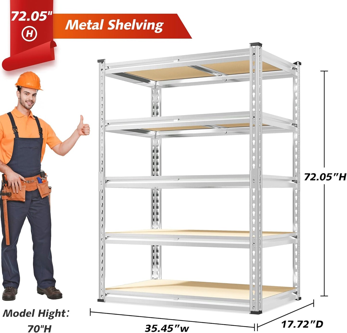 REIBII 72.05" H Storage Shelves 2300LBS Garage Shelving Heavy Duty Metal Shelving 5 Tier Garage Shelves Adjustable Metal Shelf for Kitchen Basement Pantry 35.45" W x 17.72" D x 72.05" H