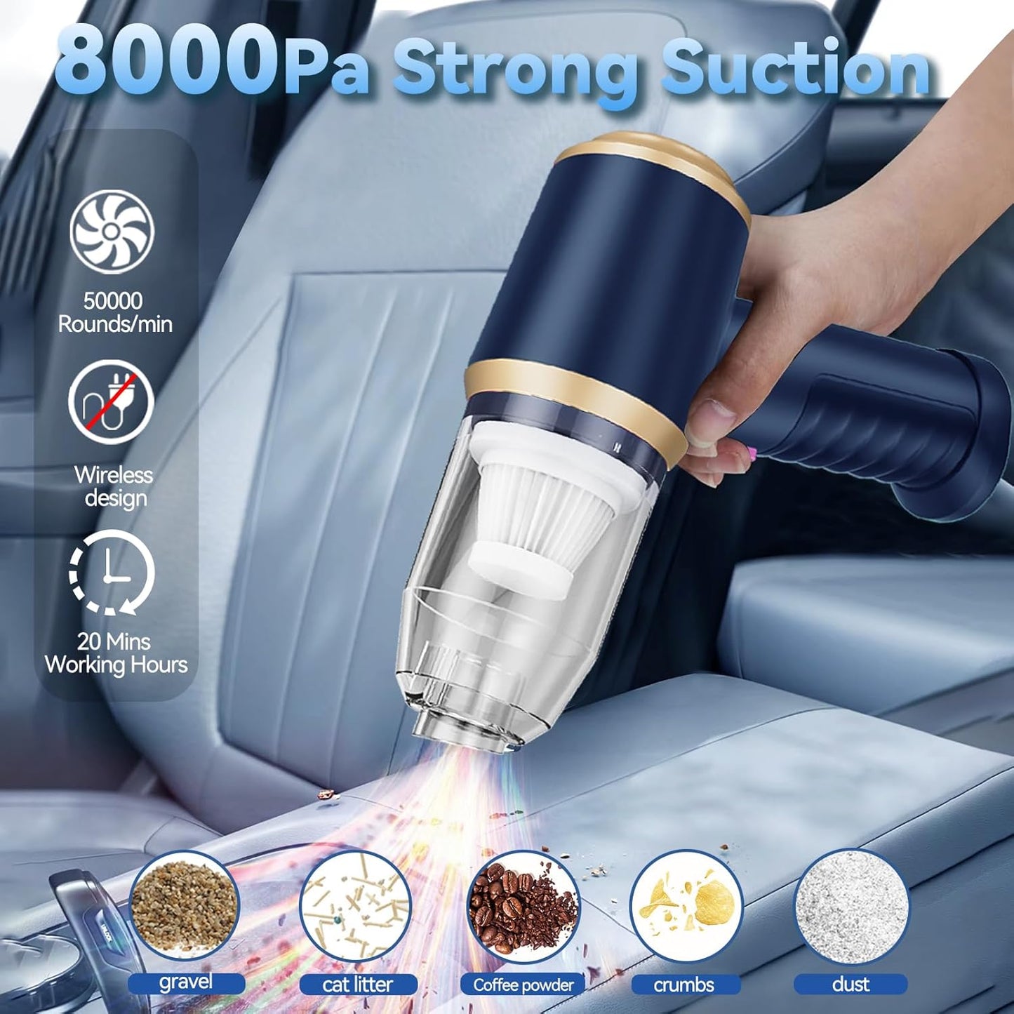 Mini Car Vacuum Portable Cordless Handheld Vacuum Cleaner and Air Duster 2 in 1 with Multi-Nozzles for Car, Computer, Sofa, Office, Pet, Home (Blue and Gold)