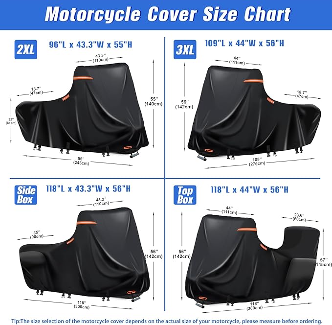 Motorcycle Cover Waterproof Outdoor,600D Heavy Duty Motorcycle Cover,Nano Silver Inner,5 Reflective Strips,2 Air Vents,Antenna Zipper for Softail Standard,Street Bob,Fat Boy(3XL 109"x44"x56" Black)