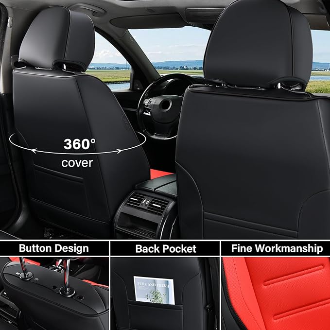 Coverado Car Seat Covers Full Set, Seat Covers for Cars, Car Seat Protector Waterproof, Leather Cushion, Universal Car Interior Covers Seat Protectors for Most Cars Black-Red