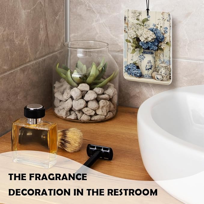 Retro Blue Hydrangea Floral Car Air Freshener 3 Pcs, Rustic Cottagecore Flower Air Freshener Hanging Decor for Cars Closet Drawer Books Accessories Gifts