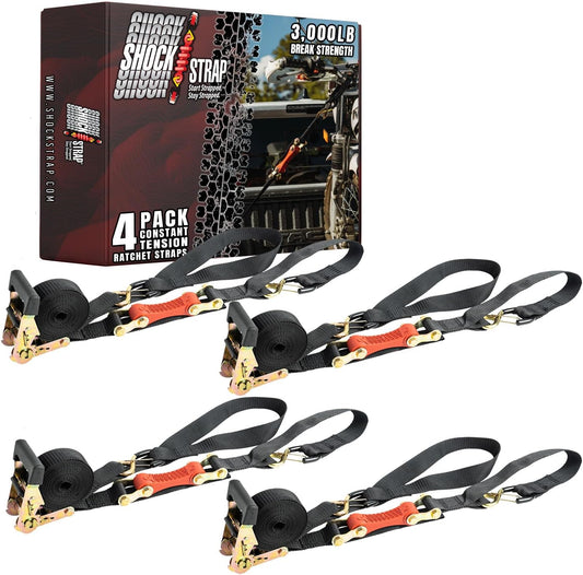 Ratchet Strap, 7’ x 1.5" Shock Absorbing Heavy Duty Tie downs for Cargo, 1,000 LB WLL / 3,000 LB Break Strength, 4-Pack